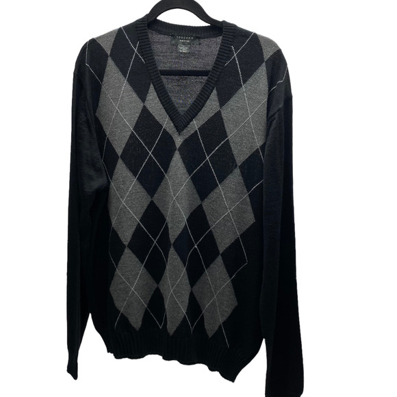 Toscano Italy Men's Merino Wool Blend V Neck Argyle Black Size Large - Picture 1 of 8
